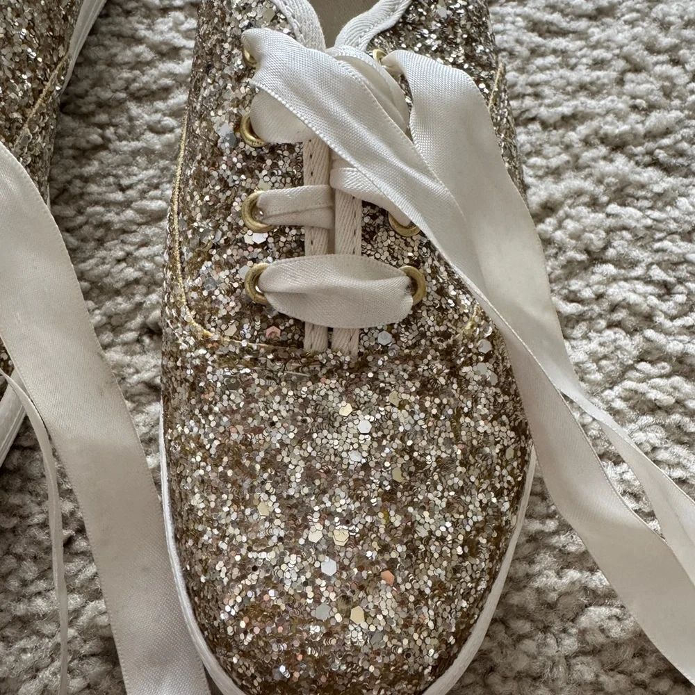 kate spade Glittered Lace-Up Sneakers in Gold and White